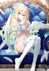 Rule 34 | 1girl, ahoge, angel wings, aqua nails, blonde hair, bra, closed mouth, commentary request, couch, falling feathers, feathered wings, feathers, frilled bra, frills, gradient hair, hair bun, hair ribbon, head tilt, lingerie, long hair, looking at viewer, multicolored hair, nail polish, navel, negligee, on couch, original, panties, red eyes, ribbon, riichu, side-tie panties, sitting, smile, solo, stomach, thighhighs, thighs, toeless legwear, toenail polish, toenails, underwear, very long hair, white feathers, white thighhighs, wings