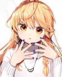 Rule 34 | 1girl, alternate costume, arms up, blue nails, braid, chestnut mouth, contemporary, dangle earrings, dated, earrings, expressionless, fingernails, gunjou row, hair between eyes, head tilt, jewelry, kirisame marisa, long sleeves, looking at viewer, nail polish, necklace, parted lips, signature, simple background, single braid, solo, star (symbol), sweater, touhou, twitter username, upper body, white background, white sweater, yellow eyes