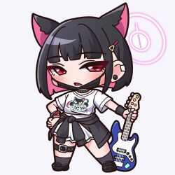 Rule 34 | 1girl, absurdres, animal ears, bass guitar, black choker, black footwear, black hair, blue archive, cat ears, choker, clothes around waist, clothes writing, commentary request, ear piercing, fender jazz bass, full body, grey background, grey socks, halo, highres, holding, holding instrument, instrument, kazusa (band) (blue archive), kazusa (blue archive), loafers, looking at viewer, mask, mask pull, mouth mask, multicolored hair, parted lips, piercing, pink hair, pleated skirt, red eyes, saishosaisekojo, shirt, shoes, short hair, short sleeves, simple background, skirt, socks, solo, standing, two-tone hair, white shirt, white skirt, wristband