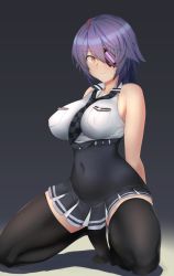 Rule 34 | 1girl, black background, black skirt, black thighhighs, breasts, checkered clothes, checkered necktie, checkered neckwear, dress shirt, eyepatch, gradient background, highres, kantai collection, kneeling, large breasts, looking at viewer, moose (moosemitchell2), necktie, pleated skirt, purple hair, shirt, short hair, skirt, sleeveless, sleeveless shirt, solo, tenryuu (kancolle), tenryuu kai ni (kancolle), thighhighs, white shirt, yellow eyes