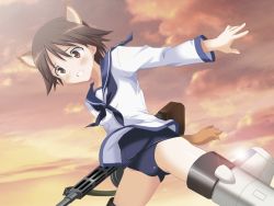 Rule 34 | 1girl, animal ears, blue one-piece swimsuit, blush, breasts, brown eyes, brown hair, dog ears, dog tail, female focus, groin, gun, miyafuji yoshika, nagase yutaka, one-piece swimsuit, outdoors, rifle, short hair, sky, small breasts, solo, strike witches, swimsuit, tail, weapon, world witches series