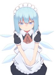 Rule 34 | 1girl, alternate costume, apron, black dress, blue eyes, blush, cirno, commentary request, cowboy shot, detached wings, dress, enmaided, highres, holding, holding tray, ice, ice wings, kae karee, looking down, maid, maid headdress, medium hair, neck ribbon, raised eyebrows, red ribbon, ribbon, short sleeves, simple background, solo, straight hair, touhou, tray, white background, wings
