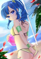 Rule 34 | 1girl, arm behind back, armband, ass, back, bad id, bad pixiv id, ball, bare shoulders, beach, beachball, bikini, bikini pull, bikini tan, blue eyes, blue hair, blue sky, blunt bangs, blurry, blush, breasts, clothes pull, commentary request, cowboy shot, day, depth of field, eyelashes, fingernails, flower, from behind, from side, hair ornament, hairclip, hand up, highres, holding, holding ball, ishido mutsuki, leaf, light smile, long hair, looking at viewer, looking back, medium breasts, ocean, original, outdoors, petals, ponytail, pulled by self, red flower, sky, solo, sparkle, standing, star (symbol), star hair ornament, swimsuit, tan, tanline, volleyball net, water, wristband, yellow bikini