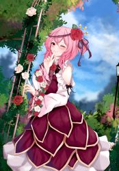Rule 34 | 1girl, ;), absurdres, blue sky, blurry, blurry background, closed mouth, cloud, commentary, dress, english commentary, flower, hair flower, hair ornament, highres, long hair, looking at viewer, medium hair, nail polish, nijisanji, nijisanji en, one eye closed, one side up, orchid (orukido), outdoors, pink eyes, pink hair, pink nails, red dress, red flower, red rose, rose, rosemi lovelock, rosemi lovelock (1st costume), shirt, sky, smile, solo, tree, virtual youtuber, white flower, white rose, white shirt