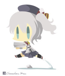 Rule 34 | 1girl, artist name, bad id, bad pixiv id, beret, chameleon man (three), chibi, epaulettes, grey hair, hat, jumping, kantai collection, kashima (kancolle), military, military uniform, no lineart, no mouth, rock, simple background, solo, twintails, uniform, white background