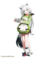 Rule 34 | 1girl, ahoge, animal ear fluff, animal ears, apron, blush, braid, commentary request, earrings, fox ears, fox girl, fox tail, green eyes, green shirt, hair between eyes, holding, holding plate, hololive, jewelry, long hair, looking at viewer, official art, open mouth, pentagram, plate, shirakami fubuki, shirt, sidelocks, simple background, single braid, slippers, smile, socks, solo, tail, thigh strap, virtual youtuber, white background, white hair, white socks, yumesaki nana