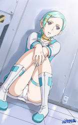 Rule 34 | 00s, 1girl, against wall, artist name, black eyes, boots, choker, collarbone, dress, dutch angle, eureka (eureka seven), eureka seven, eureka seven (series), expressionless, female focus, fingernails, floor, green eyes, green hair, hair ornament, hairclip, halterneck, hands on own knees, indoors, knee boots, kneehighs, knees together feet apart, legs, long image, long sleeves, looking at viewer, matching hair/eyes, moriya naoki, on floor, own hands together, panties, pantyshot, parted lips, shadow, shiny skin, shirt, short dress, short hair, sitting, socks, solo, swept bangs, tall image, thigh gap, thigh strap, thighs, tile floor, tiles, underwear, upskirt, v arms, wall, watermark, white footwear, white panties