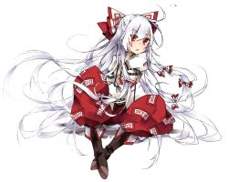 Rule 34 | 1girl, albino, belt, boots, bow, fujiwara no mokou, full body, hair bow, hair ornament, highres, long hair, long sleeves, looking at viewer, ofuda, open mouth, pants, puffy sleeves, red eyes, shirt, simple background, sitting, solo, touhou, toutenkou, very long hair, white background, white hair