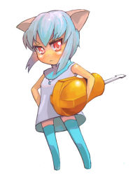 Rule 34 | 1girl, animal ears, aqua thighhighs, cat ears, full body, guitar (guitars), hands on own hips, oversized object, screwdriver, short hair, simple background, solo, standing, thighhighs, twit-tan, twitter, white background