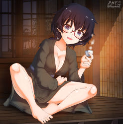 Rule 34 | 1girl, barefoot, black hair, blue eyes, blush, breasts, cleavage, collarbone, girls und panzer, glasses, highres, large breasts, looking at viewer, megadeko, no bra, open mouth, oryou (girls und panzer), shiny skin, short hair, smile, solo, spread legs