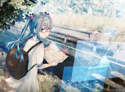 Rule 34 | 1girl, ahoge, backpack, bag, blue eyes, blue hair, day, dress, dutch angle, floating hair, glasses, hatsune miku, holding, holding map, long hair, map, nishi yasuaki, outdoors, red-framed eyewear, science fiction, short dress, short sleeves, solo, twintails, vocaloid, white dress