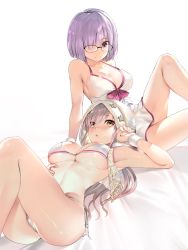 Rule 34 | 2girls, ass, bare shoulders, bikini, blush, bow, breasts, cleavage, closed mouth, collarbone, dress swimsuit, fate/grand order, fate (series), glasses, hair over one eye, hip focus, hood, large breasts, light purple hair, linea alba, long hair, looking at viewer, lying, mash kyrielight, mash kyrielight (swimsuit of perpetual summer), medb (fate), medb (swimsuit saber) (fate), medb (swimsuit saber) (third ascension) (fate), multiple girls, official alternate costume, on back, open mouth, pink bow, purple eyes, short hair, silver hair, simple background, sitting, smile, swimsuit, teddy (khanshin), thighs, white background, white bikini, yellow eyes