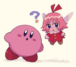 Rule 34 | 1girl, :o, ?, blue eyes, blush, blush stickers, chiimako, choppy bangs, dress, fairy, fairy wings, flying, full body, hair between eyes, hair ribbon, kirby, kirby (series), long sleeves, looking at viewer, nintendo, open mouth, pink hair, red dress, red ribbon, ribbon, ribbon (kirby), short hair, simple background, sparkle, star (symbol), white background, wings