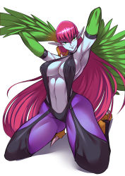 Rule 34 | 1girl, absurdres, alternate skin color, armpits, arms up, breasts, cleavage, colored skin, covered erect nipples, duel monster, elbow gloves, feathered wings, full body, gloves, green eyes, green gloves, grey skin, harpie lady, harpie lady (normal monster), harpie lady 1, harpy, head tilt, highres, kneeling, large breasts, long hair, monster girl, pantyhose, pink hair, pointy ears, purple pantyhose, ryuusei (mark ii), sideboob, solo, swimsuit over clothes, talons, thick thighs, thighs, tsurime, very long hair, winged arms, wings, yu-gi-oh!, yu-gi-oh! duel monsters