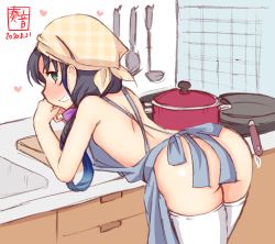 Rule 34 | 1girl, apron, artist logo, ass, bandana, bent over, black hair, blue apron, commentary request, counter, cowboy shot, cutting board, dated, frying pan, green eyes, grin, heart, heart-shaped pupils, highres, kanon (kurogane knights), kantai collection, kitchen, leaning forward, long hair, looking at viewer, low twintails, naked apron, pot, ribbon, simple background, smile, solo, suzukaze (kancolle), symbol-shaped pupils, thighhighs, twintails, unmoving pattern, white background, white thighhighs
