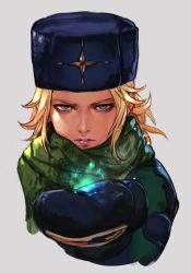 Rule 34 | 1girl, alternate costume, alternate hairstyle, blonde hair, blue eyes, blue hat, breasts, capcom, coat, cropped torso, fur hat, fur trim, grey background, hat, hungry clicker, ice, kolin, lips, mittens, scarf, short hair, simple background, solo, street fighter, street fighter v, ushanka, winter clothes, winter coat