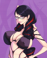 Rule 34 | 1girl, 47 hard, arm above head, arm up, armpits, bayonetta, bayonetta (series), bayonetta 3, black-framed eyewear, breasts, breasts apart, cleavage, closed mouth, covered erect nipples, female focus, glasses, hair over shoulder, hand on own hip, highres, hip focus, large breasts, light smile, long hair, looking at viewer, mole, mole under mouth, multicolored hair, navel, purple background, simple background, smile, solo, two-tone hair, upper body, very long hair, yellow eyes