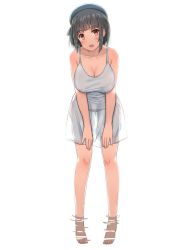 Rule 34 | 1girl, :d, bad id, bad pixiv id, bare arms, bare legs, bare shoulders, barefoot, beret, black hair, blue hat, blush, breasts, dress, groin, hanging breasts, hat, highres, kantai collection, large breasts, leaning forward, legs apart, legs up, md5 mismatch, open mouth, osananajimi neko, red eyes, resolution mismatch, revision, see-through, short hair, simple background, sleeveless, sleeveless dress, smile, soaking feet, solo, standing, sundress, takao (kancolle), tareme, toes, wading, water, white background, white dress