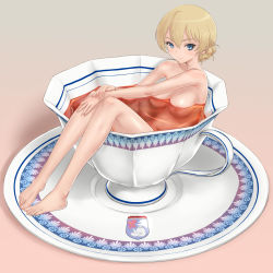 Rule 34 | 10s, 1girl, barefoot, blonde hair, blue eyes, braid, breasts, collarbone, completely nude, cup, darjeeling (girls und panzer), emblem, feet, girls und panzer, highres, legs, looking at viewer, mini person, minigirl, navel, nipples, nude, oversized object, partially submerged, rasukaru, saucer, short hair, smile, solo, st. gloriana&#039;s (emblem), tea, teacup, toes, twin braids