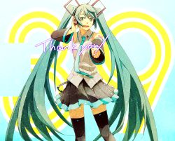Rule 34 | 1girl, bad id, bad pixiv id, detached sleeves, green eyes, green hair, hatsune miku, headphones, highres, long hair, matching hair/eyes, necktie, open mouth, pointing, skirt, solo, sorakura shikiji, thank you, thighhighs, twintails, very long hair, vocaloid