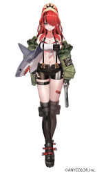 Rule 34 | 1girl, abs, absurdres, bandaid, bandaid on leg, black footwear, black hair, boots, breasts, cleavage, ear piercing, green jacket, grey eyes, gun, hair over one eye, handgun, highres, holding, holding gun, holding stuffed toy, holding weapon, jacket, knee boots, lack, lain paterson, lain paterson (1st costume), looking at viewer, medium breasts, multicolored hair, nijisanji, off shoulder, official art, one eye covered, piercing, pistol, red hair, smile, solo, strapless, streaked hair, stuffed animal, stuffed shark, stuffed toy, thigh strap, tube top, virtual youtuber, weapon, white background