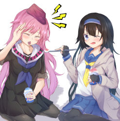 Rule 34 | 2girls, artist request, black hair, blue eyes, brain freeze, closed eyes, commentary request, cup, disposable cup, feeding, fingerless gloves, food, girls&#039; frontline, gloves, hat, highres, multiple girls, ntw-20 (girls&#039; frontline), one eye closed, pantyhose, pink hair, school uniform, serafuku, shaved ice, spoon, super sass (girls&#039; frontline), syrup