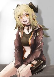 Rule 34 | 1girl, :d, arknights, bandaid, bandaid on face, black shirt, blonde hair, brown jacket, commentary request, crop top, cuts, highres, horns, ifrit (arknights), injury, jacket, long hair, long sleeves, looking at viewer, midriff, open clothes, open jacket, open mouth, orange eyes, shirt, sitting, smile, solo, stomach, superbeek4, thigh strap