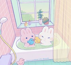 Rule 34 | ^ ^, animal focus, artist name, ayu (mog), bath, bathing, bathtub, black eyes, blush, closed eyes, closed mouth, commentary, flower pot, indoors, no humans, original, partially submerged, plant, potted plant, rabbit, rubber duck, shower curtain, shower head, smile, solid circle eyes, symbol-only commentary, tile floor, tile wall, tiles, twitter username, water, window, windowsill