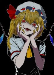 absurdres black_background blonde_hair fangs flandre_scarlet hat highres looking_at_viewer medium_hair necktie open_mouth red_eyes shirt touhou voyagehermitage yandere