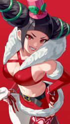 Rule 34 | 1girl, bare shoulders, belt, black hair, breasts, capcom, christmas, cleavage, collarbone, drill hair, female focus, fingerless gloves, gloves, grin, han juri, hat, highres, holding, holding sack, large breasts, looking at viewer, midriff, miniskirt, navel, purple eyes, purple nails, red background, red gloves, red skirt, sack, simple background, skirt, smile, solo, stomach, street fighter, teeth, thighhighs, thighs, twin drills, yagi2013