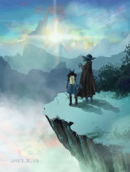 Rule 34 | 1boy, black hair, black headwear, blue sky, cape, cliff, creature, creatures (company), dated, day, game freak, gen 4 pokemon, grass, hat, holding, holding staff, lucario, male focus, mountain, nintendo, outdoors, pokemon, pokemon (anime), pokemon (creature), pokemon: lucario and the mystery of mew, pokemon rse (anime), rifu (hunihuni1130), shadow, sir aaron, sky, spiked hair, staff, standing, sun