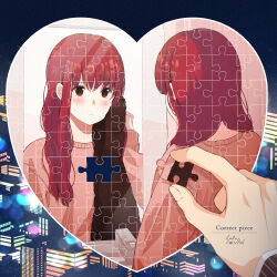 Rule 34 | 1girl, blush, brown eyes, brown sweater, city, drying, drying hair, english text, eyelashes, fingernails, heart, highres, holding, holding puzzle piece, holding towel, long hair, long sleeves, looking at mirror, miko35, mirror, original, pov, puzzle, puzzle piece, red hair, signature, sink, sweater, towel