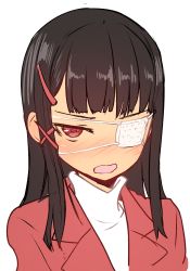 Rule 34 | 1girl, @ @, absurdres, black hair, blunt bangs, blush, close-up, commentary request, copyright request, eyepatch, hair ornament, hairclip, highres, jacket, long hair, looking at viewer, medical eyepatch, one eye covered, parted lips, red eyes, red jacket, shirt, simple background, solo, sumiyao (amam), white background, white shirt, x hair ornament