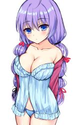 Rule 34 | 1girl, aqua babydoll, arms behind back, babydoll, bare shoulders, blue eyes, blue panties, blush, breasts, cleavage, closed mouth, collarbone, commentary request, cowboy shot, expressionless, hair between eyes, highres, koibana ren&#039;ai, large breasts, long hair, looking at viewer, low twintails, ncontrail (mgax7527), panties, purple hair, simple background, sketch, solo, twintails, underwear, very long hair, white background, yuugure tokoyo