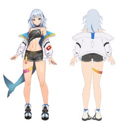 Rule 34 | 1girl, alternate costume, belt, black belt, black shorts, blue eyes, blue hair, breasts, character name, crop top, english text, engrish text, gawr gura, highres, hololive, hololive english, jacket, korean commentary, midriff, multicolored hair, multiple views, navel, off shoulder, open hands, ranguage, shorts, silver hair, small breasts, streaked hair, virtual youtuber, wangjook (wj), white background, white footwear, white jacket, wide hips