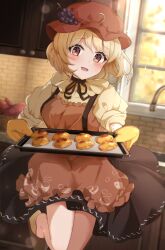 Rule 34 | 1girl, absurdres, aki minoriko, apron, baking, baking sheet, black skirt, blonde hair, brown apron, contemporary, cooking, feet, food, fruit, fruit hat ornament, grapes, highres, holding, holding tray, kitchen, oven mitts, red eyes, red headwear, shirt, sink, skirt, slippers, solo, touhou, tray, wheat retzel, yellow shirt
