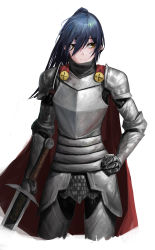 Rule 34 | 1girl, absurdres, armor, blue hair, breastplate, cape, chainmail, closed mouth, commission, gauntlets, greaves, hair between eyes, hand on own hip, highres, holding, holding sword, holding weapon, hwan (verypoor), knight, long hair, original, pauldrons, red cape, shoulder armor, simple background, solo, sword, vambraces, weapon, white background, yellow eyes