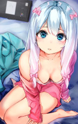 Rule 34 | 1girl, absurdres, bare legs, barefoot, blue eyes, blush, bow, bra, breasts, cleavage, clothes pull, collarbone, downblouse, eromanga sensei, hair between eyes, hair bow, highres, indoors, izumi sagiri, jun wmrx3848, long hair, long sleeves, looking at viewer, multiple hair bows, open mouth, pink bow, pink shirt, shirt, shirt pull, silver hair, sitting, sleeves past wrists, small breasts, solo, underwear, white bra