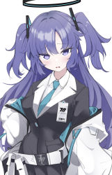 Rule 34 | 1girl, absurdres, annoyed, barcode, belt, belt pouch, black gloves, black jacket, black suit, blue archive, blue eyes, blue hair, blue necktie, blush, breasts, coat, collared shirt, cowboy shot, dress shirt, formal, furrowed brow, gloves, halo, hand on own hip, highres, id card, jacket, long hair, looking at viewer, medium breasts, necktie, ocha (popopogg), off shoulder, open clothes, open coat, open mouth, pouch, school uniform, shirt, simple background, solo, suit, two side up, white background, white belt, white coat, wing collar, yuuka (blue archive)