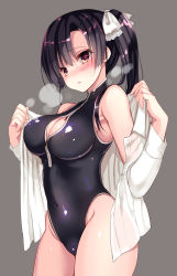 Rule 34 | 1girl, black hair, blush, breasts, brown eyes, cleavage, cleavage cutout, clothing cutout, front zipper swimsuit, highres, large breasts, long hair, looking at viewer, meme attire, one-piece swimsuit, open clothes, open mouth, original, ponytail, sanshoku amido, shiny clothes, shiny skin, short hair, side ponytail, simple background, solo, swimsuit, unzipped, zipper