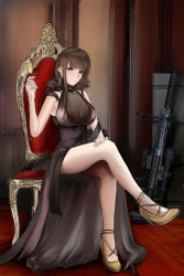 Rule 34 | 1girl, ahoge, alternate hairstyle, anti-materiel rifle, armlet, ass, bare shoulders, black dress, blast compensator, blunt bangs, blush, bolt-action rifle, bolt action, breasts, brown hair, bullpup, chair, champagne flute, closed mouth, collarbone, compensator, crossed legs, cup, curly hair, dress, drinking glass, dsr-50, dsr-50 (girls&#039; frontline), dsr-50 (highest bid) (girls&#039; frontline), earrings, gem, girls&#039; frontline, gold footwear, gun, hand on own thigh, high heels, highres, holding, holding cup, holding drinking glass, indoors, jewelry, large breasts, leaning forward, letter, light particles, long hair, looking at viewer, muzzle device, official alternate costume, petals, red eyes, red gemstone, rifle, see-through, sidelocks, sitting, skindentation, smile, sniper rifle, solo, suppressor, thighs, very long hair, weapon, yakumo yukarii