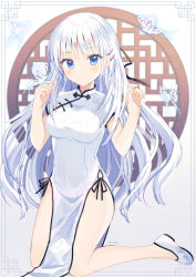 Rule 34 | 1girl, aiyan, blue eyes, bug, butterfly, china dress, chinese clothes, dress, expressionless, full body, hair ornament, hairclip, highres, insect, key (company), kneeling, looking at viewer, naruse shiroha, pelvic curtain, silver hair, solo, summer pockets, thighs