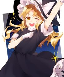 Rule 34 | 1girl, alternate costume, arm up, black background, black dress, black hat, black sleeves, blonde hair, blue background, border, bow, brown eyes, dress, frills, gloves, gradient background, hair between eyes, hands up, hat, hat bow, highres, jill 07km, kirisame marisa, long hair, looking at viewer, one eye closed, open mouth, short sleeves, smile, solo, star (symbol), teeth, touhou, white border, white bow, white gloves, witch hat, yellow eyes