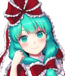 Rule 34 | 1girl, arm up, blush, bow, commentary, dress, eyelashes, frilled dress, frills, green eyes, green hair, hair bow, kageharu, kagiyama hina, lips, looking at viewer, portrait, red dress, simple background, smile, solo, touhou, white background
