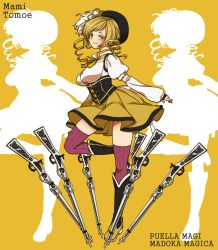 Rule 34 | 10s, 1girl, arm warmers, bad id, bad pixiv id, beret, blonde hair, blush, boots, character name, copyright name, drill hair, eyelashes, fingerless gloves, gloves, gun, hat, highres, kano, leg up, legs, looking at viewer, magical musket, mahou shoujo madoka magica, mahou shoujo madoka magica (anime), puffy sleeves, revision, rifle, short hair, short sleeves, silhouette, skirt, smile, solo, standing, standing on one leg, thighhighs, tomoe mami, twin drills, twintails, uniform, weapon, yellow eyes, zettai ryouiki