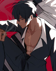 Rule 34 | 06znj, 1boy, abs, bare pectorals, black eyes, black hair, black jacket, cigarette, closed mouth, collarbone, collared shirt, cross, dark-skinned male, dark skin, formal, hair between eyes, highres, holding, holding cigarette, jacket, looking at viewer, male focus, nicholas d. wolfwood, open clothes, pectorals, red background, shirt, short hair, simple background, sitting, smoke, solo, suit, trigun, trigun stampede, white shirt