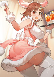 Rule 34 | animal ears, apron, atelier (series), atelier ryza, atelier ryza 3, breasts, brown eyes, brown hair, cup, fake animal ears, fake horns, fur trim, hair ornament, highres, holding, holding tray, horns, indoors, medium breasts, official art, reisalin stout, sleeveless, thighhighs, thighs, toridamono, tray, waist apron