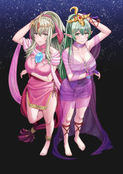 Rule 34 | 2girls, absurdres, arm across waist, barefoot, breasts, chest jewel, dress, dual persona, fire emblem, fire emblem awakening, fire emblem heroes, green hair, highres, large breasts, looking at viewer, multiple girls, nintendo, official alternate costume, pink dress, pointy ears, purple dress, saikunartworks, see-through, shawl, standing, tiara, tiki (adult) (fire emblem), tiki (fire emblem), tokyo mirage sessions fe, variations