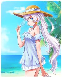 Rule 34 | 1girl, beach, blue eyes, dress, earrings, food, hat, highres, iesupa, jewelry, long hair, ponytail, popsicle, rwby, scar, scar across eye, scar on face, shell, shell earrings, side ponytail, solo, straw hat, sundress, weiss schnee, white hair