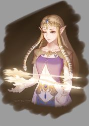 Rule 34 | 1girl, arrow (projectile), artist request, blue eyes, brown hair, collarbone, dark background, dated, dress, earrings, elbow gloves, elf, gloves, grey background, half-closed eyes, jewelry, light, light arrows, long hair, looking at object, neck, nintendo, pointy ears, princess zelda, purple dress, serious, sidelocks, simple background, solo, standing, straight hair, the legend of zelda, the legend of zelda: twilight princess, tiara, triforce, white gloves